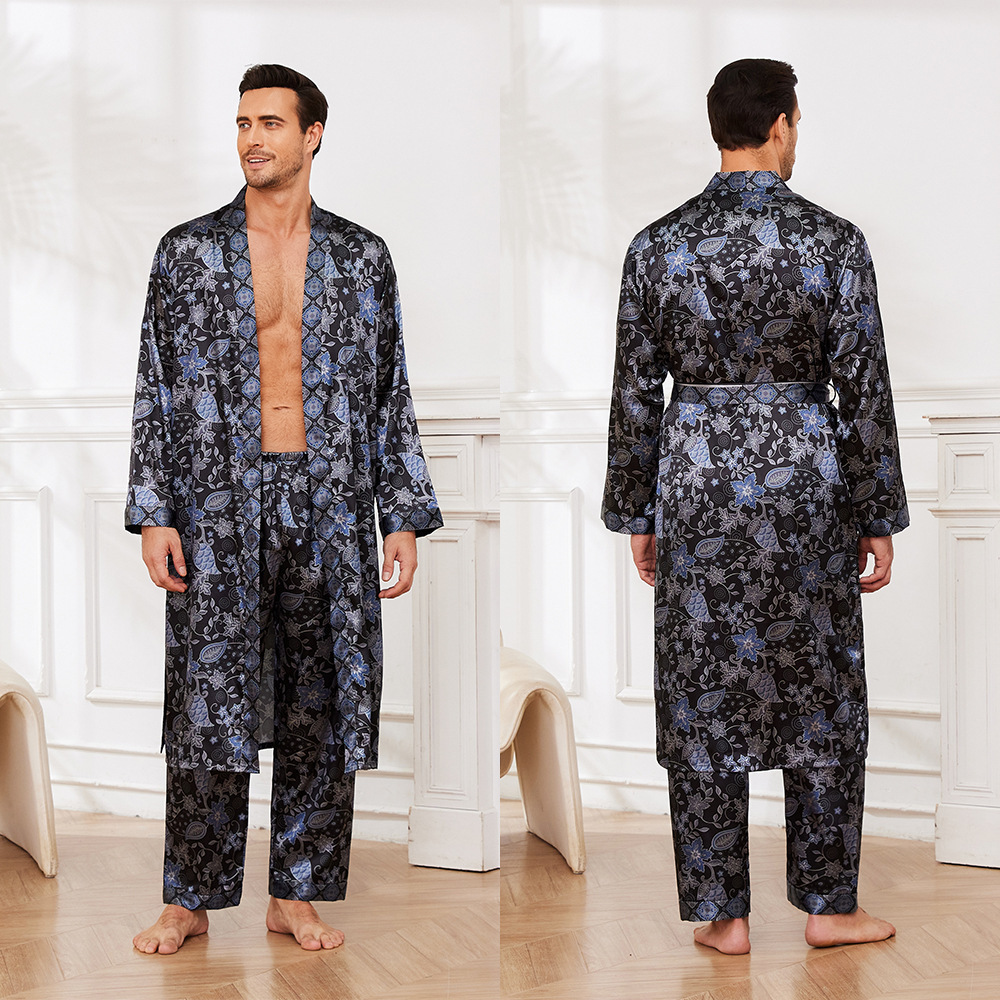 Men's Silk Pajamas Set Luxury Blue Floral Sleepwear 6 Men's Silk Pajamas Set Luxury Blue Floral Sleepwear - Image 6