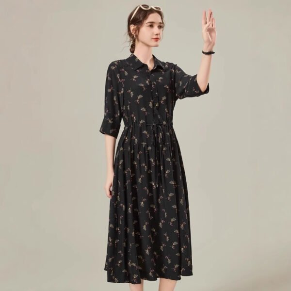 The Resort Edit — Shirt Dress Floral Silk Midi Tea Dress with Drawstring