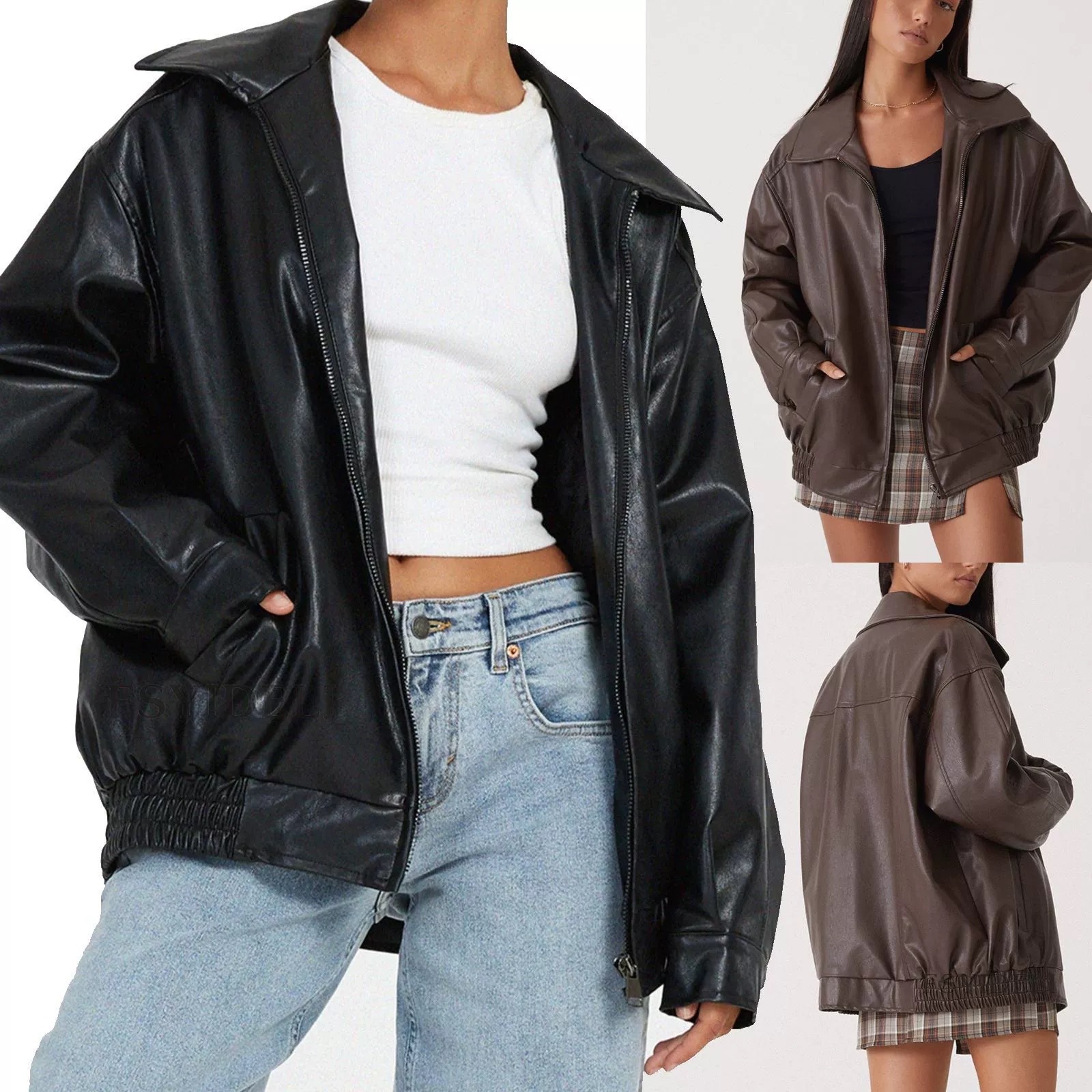 Glorious Oversized Leather Jacket Women Brown Fit Moto Coat 4 Glorious Oversized Leather Jacket Women Brown Fit Moto Coat - Image 4