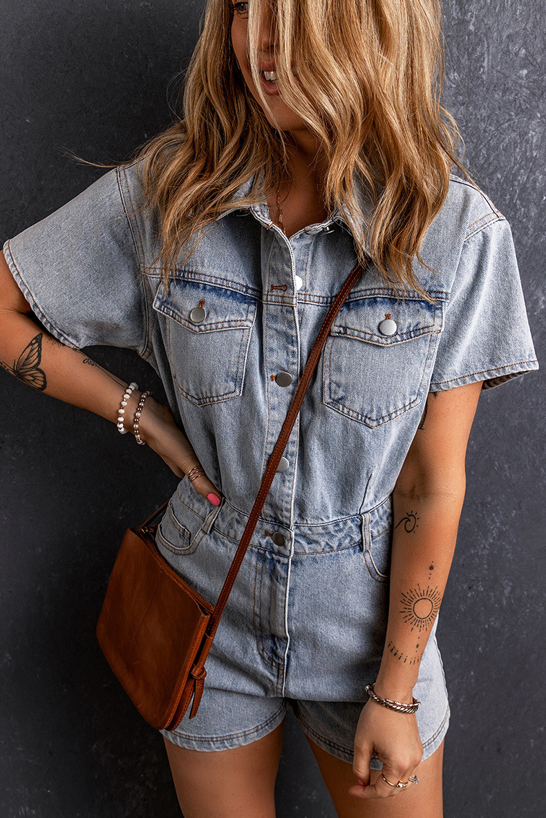 Denim Romper Vintage Blue Short Sleeve Button-Up Playsuit 5 Denim Romper Vintage Blue Short Sleeve Button-Up Playsuit - Image 5