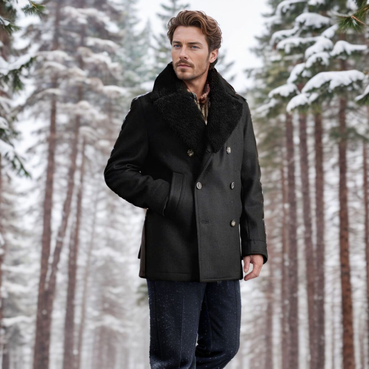The Resort Edit — Fur Collar Coat Men's Wool Pea coat Winter Jacket
