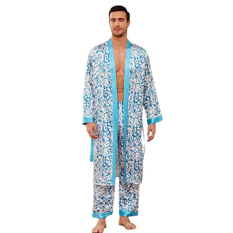 Men's Silk Pajamas Set Luxury Blue Floral Sleepwear 2 Men's Silk Pajamas Set Luxury Blue Floral Sleepwear - Image 2