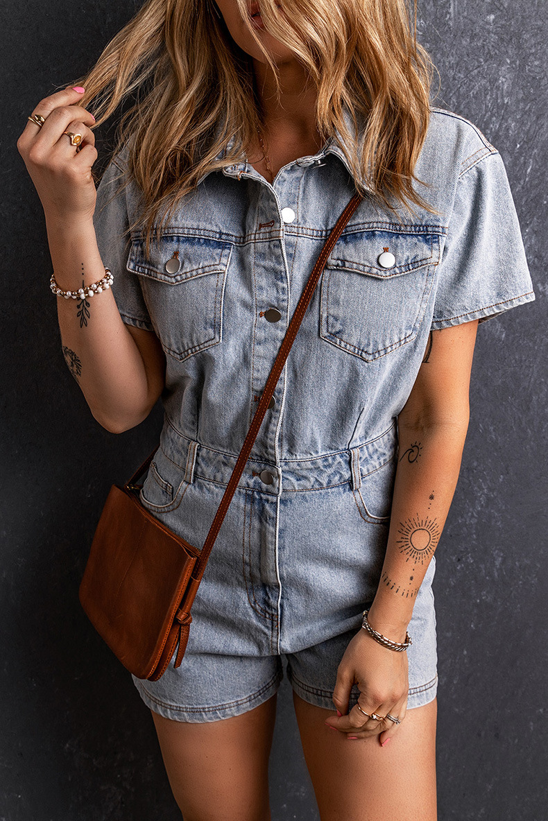 Denim Romper Vintage Blue Short Sleeve Button-Up Playsuit 7 Denim Romper Vintage Blue Short Sleeve Button-Up Playsuit - Image 7