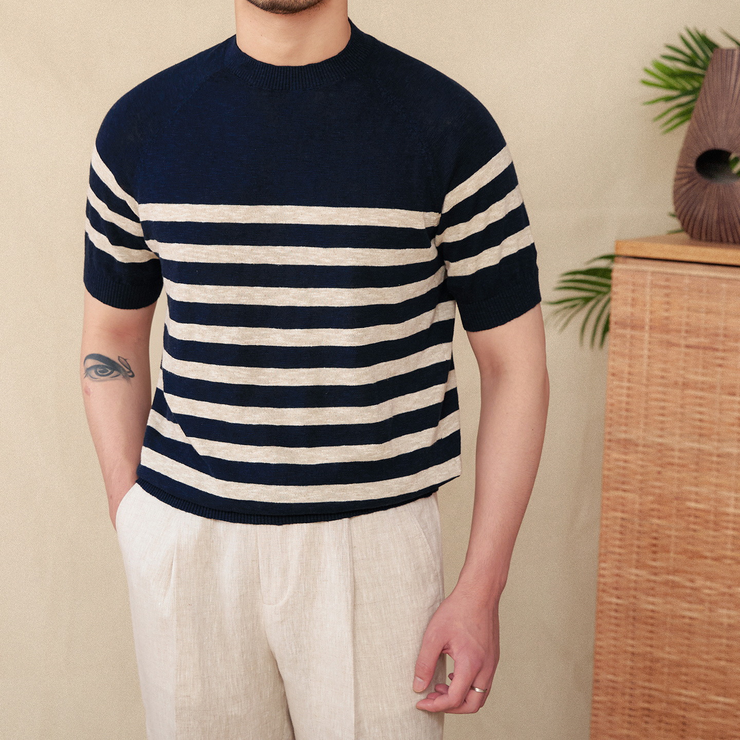 Linen Leisure Cotton Short Sleeve Round Neck Stripe Knitted T-shirt 4 Linen Leisure Cotton Short Sleeve Round Neck Stripe Knitted T-shirt - Image 4