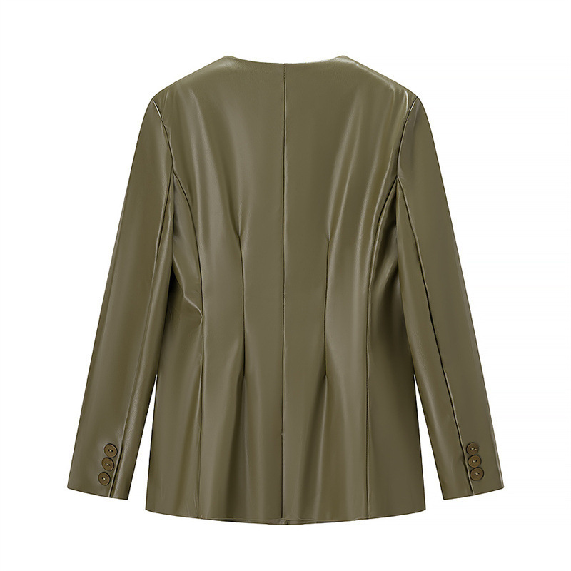 Women's Long-sleeved V-neck Leather Jacket 2 Women's Long-sleeved V-neck Leather Jacket - Image 2