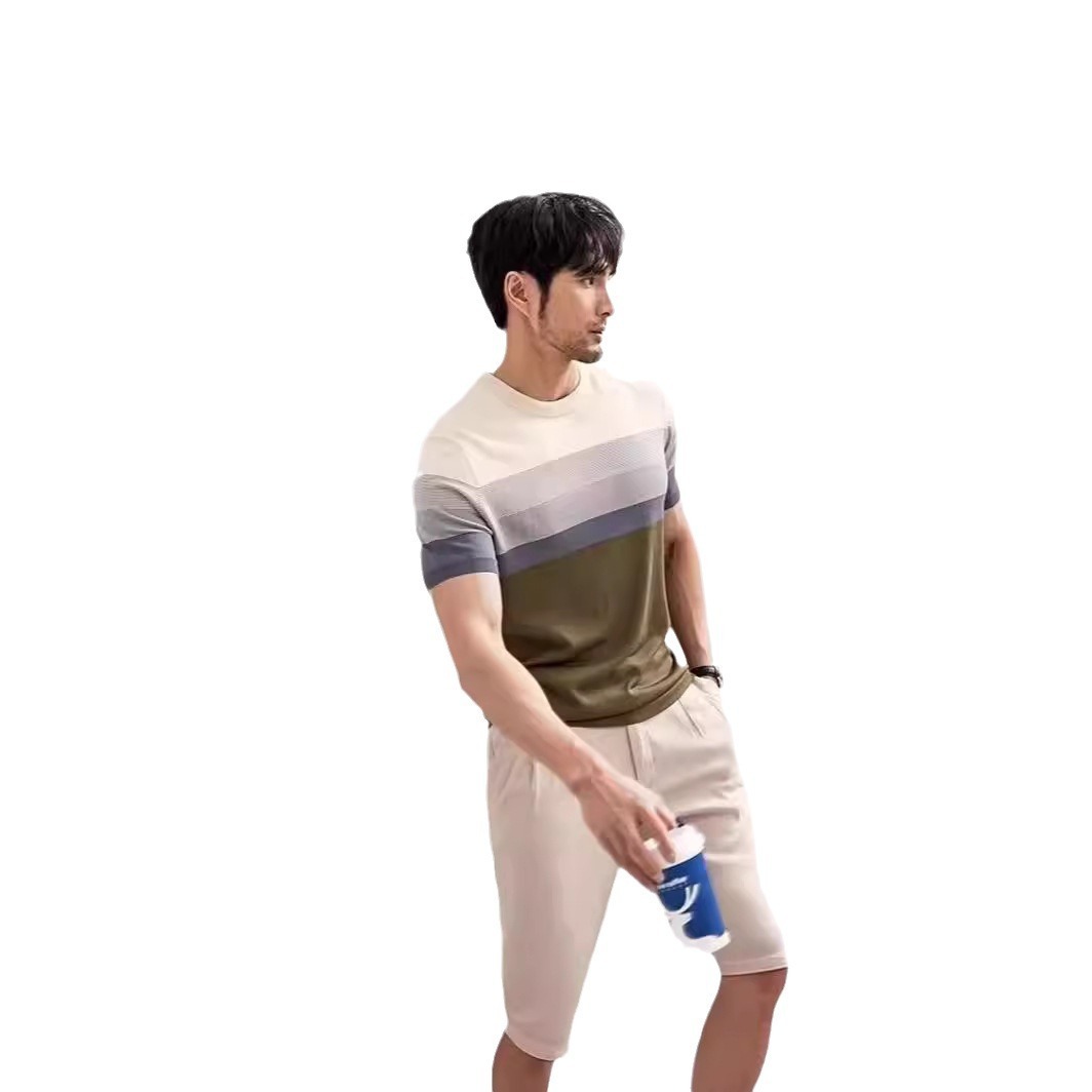 Summer New Light Mature Short Sleeve Knitted Sweater Men Gradient Color Block Stripe 5 Summer New Light Mature Short Sleeve Knitted Sweater Men Gradient Color Block Stripe - Image 5