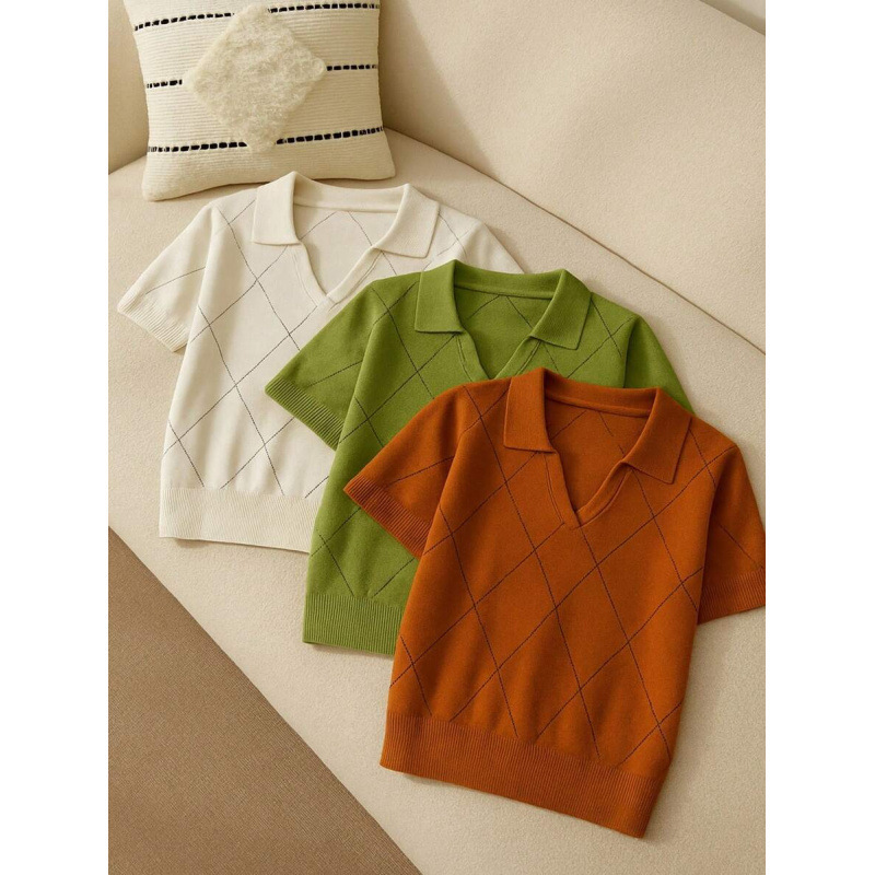 Women's Polo Shirt Diamond Knit Short Sleeve Pullover Top 5 Women's Polo Shirt Diamond Knit Short Sleeve Pullover Top - Image 5