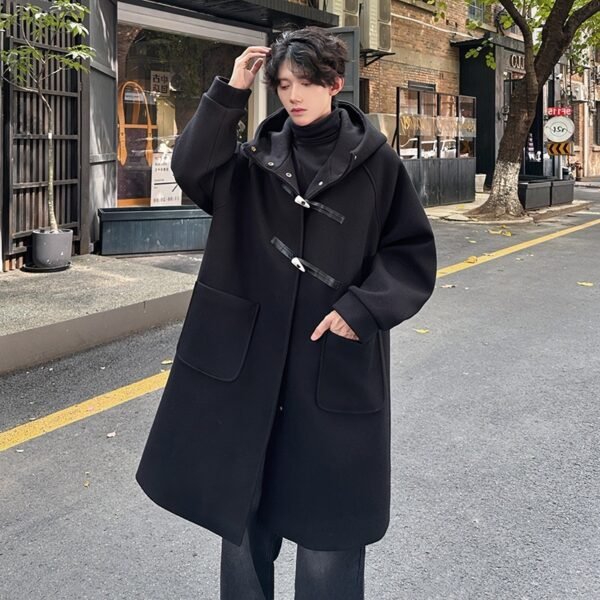 Men's Edit — Hooded Coat Horn Button Mid-Length Woolen Overcoat