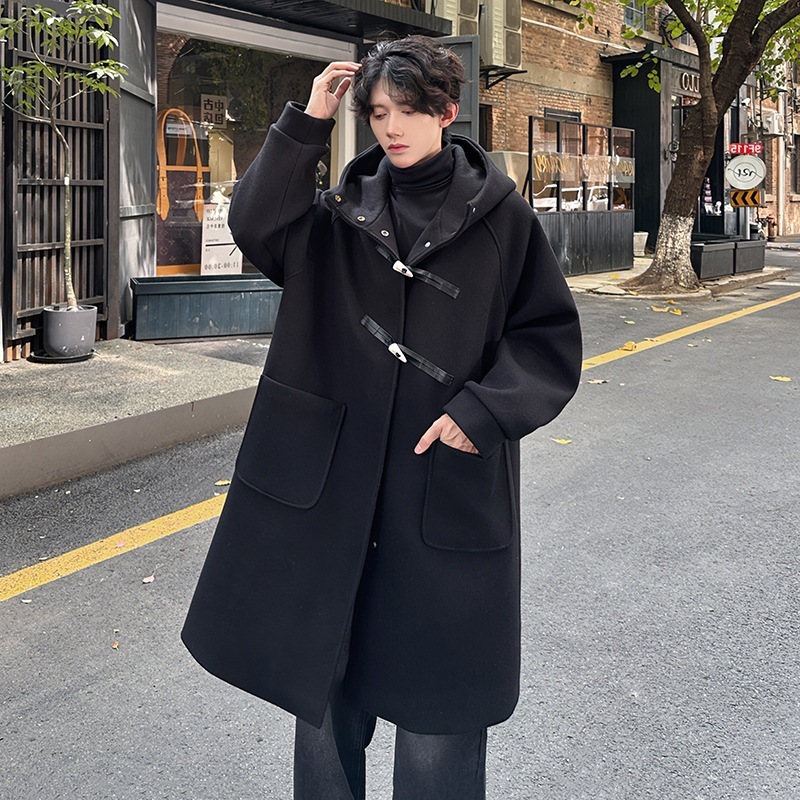 Hooded Coat Horn Button Mid-Length Woolen Overcoat 1 Hooded Coat