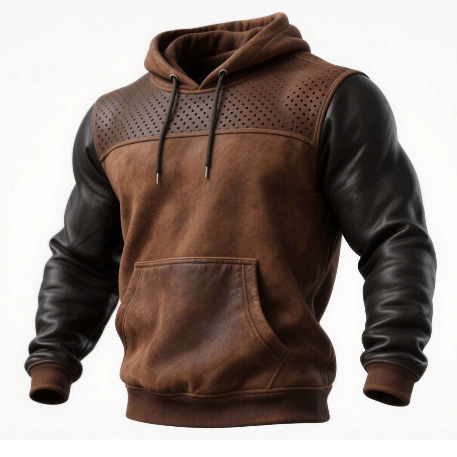 Leather Hoodie Men's Retro Brown Perforated Casual Top 1 Leather Hoodie