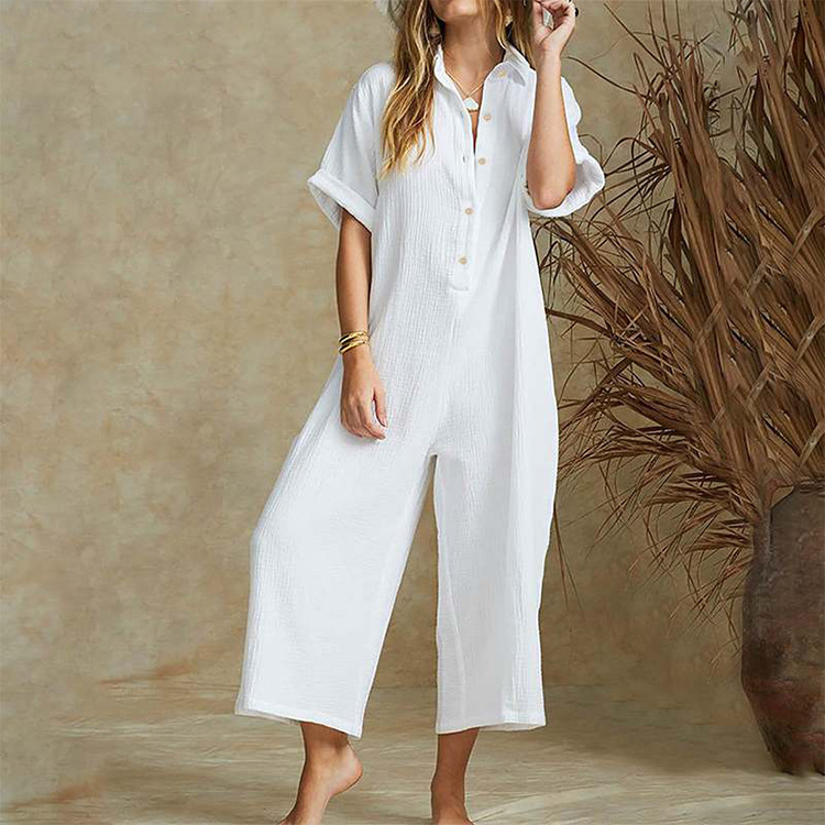 Short Sleeve Rompers Casual Loose White Long Jumpsuit 1 Short Sleeve Rompers