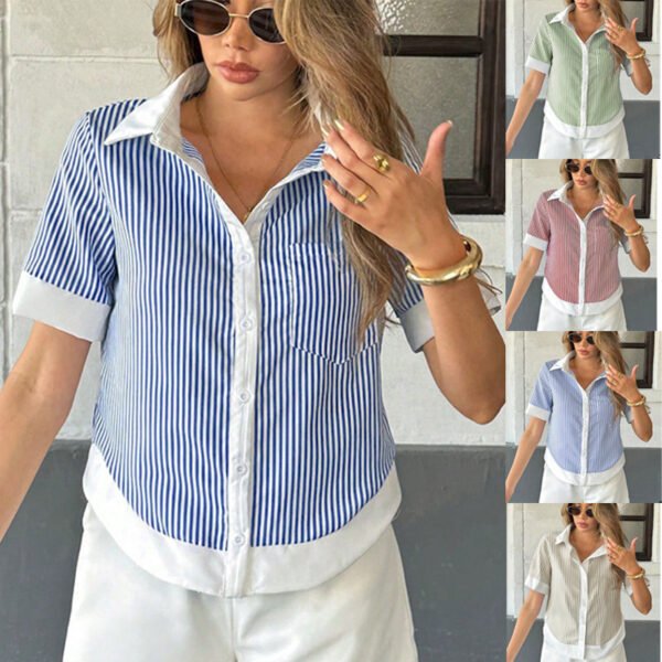 Summer Collection — Women's Striped Shirt: Short Sleeve Loose Button Top
