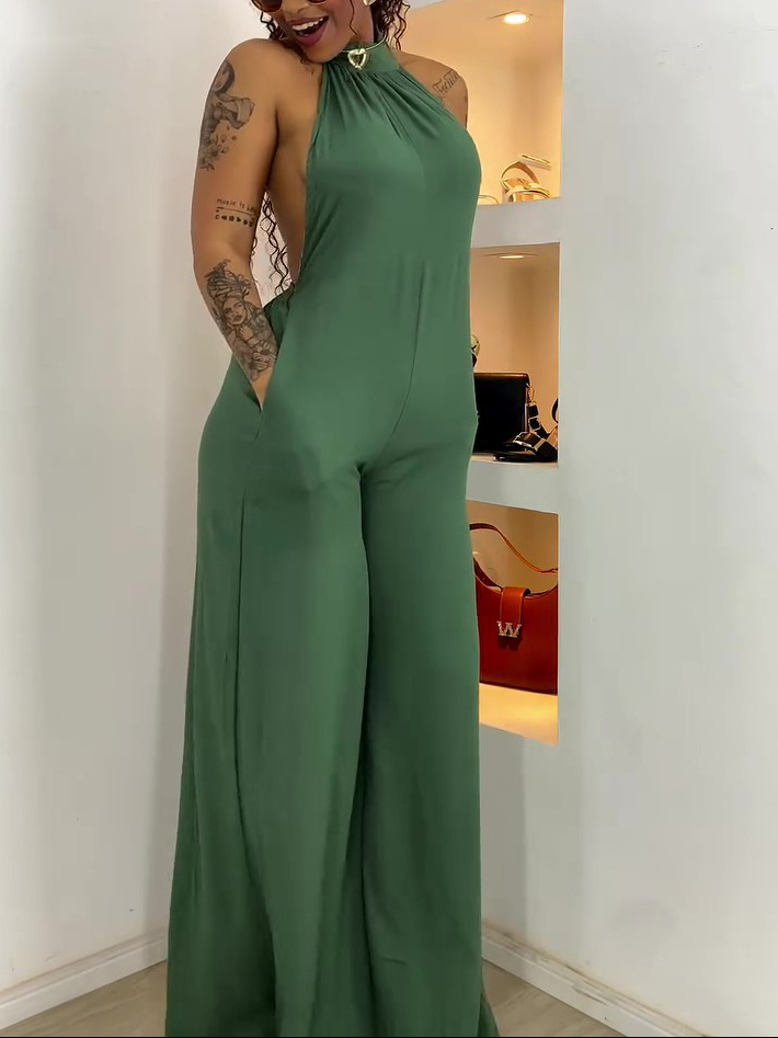 Halter Neck Jumpsuit Backless Green Wide Leg Sexy Romper 4 Halter Neck Jumpsuit Backless Green Wide Leg Sexy Romper - Image 4