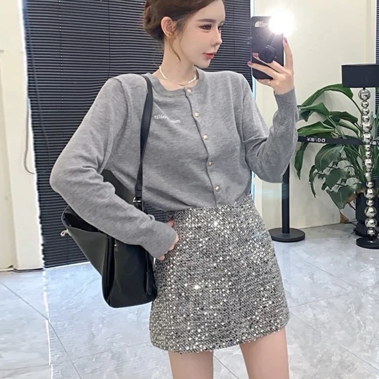 Beaded Mini Skirt Elegant Grey High Waisted Tweed 4 Beaded Mini Skirt Elegant Grey High Waisted Tweed - Image 4