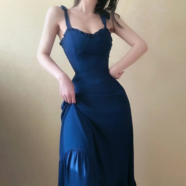 The Resort Edit — Sweetheart Neckline Dress Navy Satin Ruffle Maxi Gown