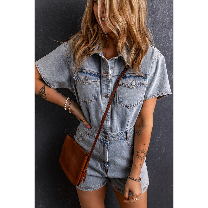 Denim Romper Vintage Blue Short Sleeve Button-Up Playsuit 3 Denim Romper Vintage Blue Short Sleeve Button-Up Playsuit - Image 3