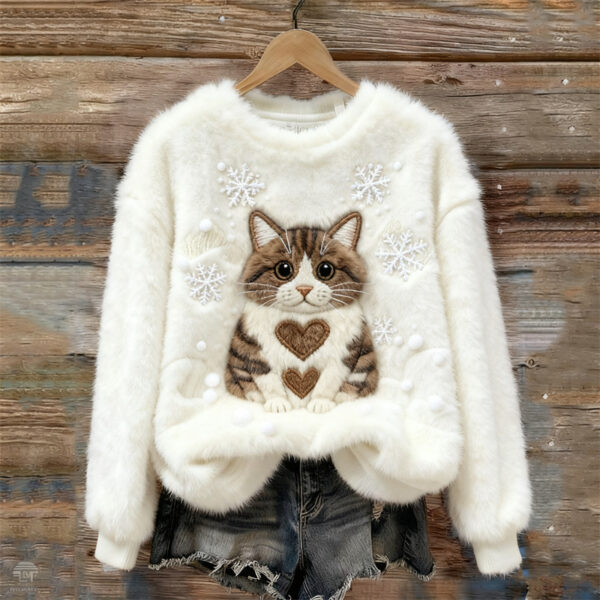 Funny Cat Christmas Jumper Fluffy Fleece Novelty Sweater
