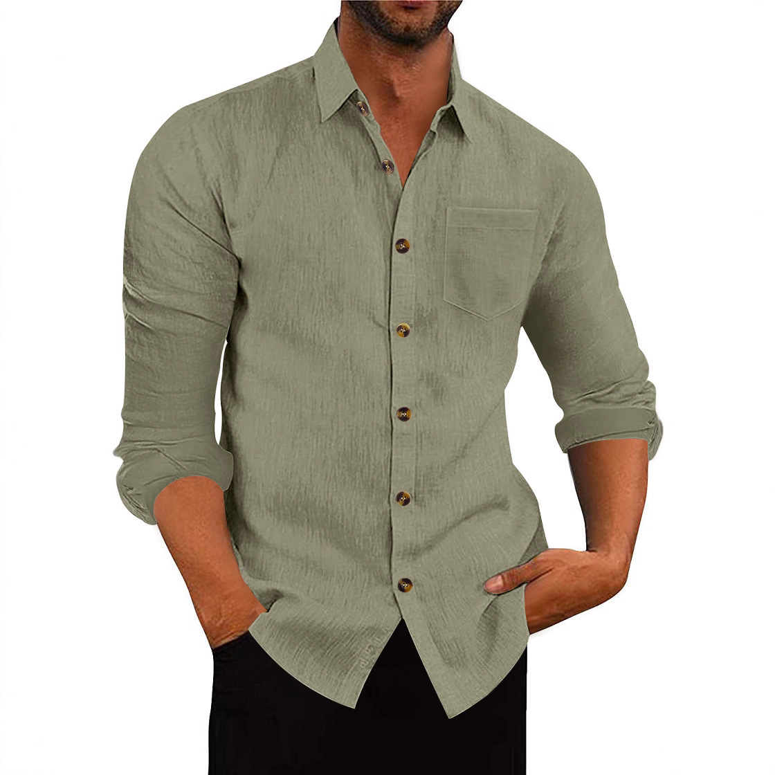 Long Sleeve shirt Linen Loose Casual Polo Collar Top 2 Long Sleeve shirt Linen Loose Casual Polo Collar Top - Image 2