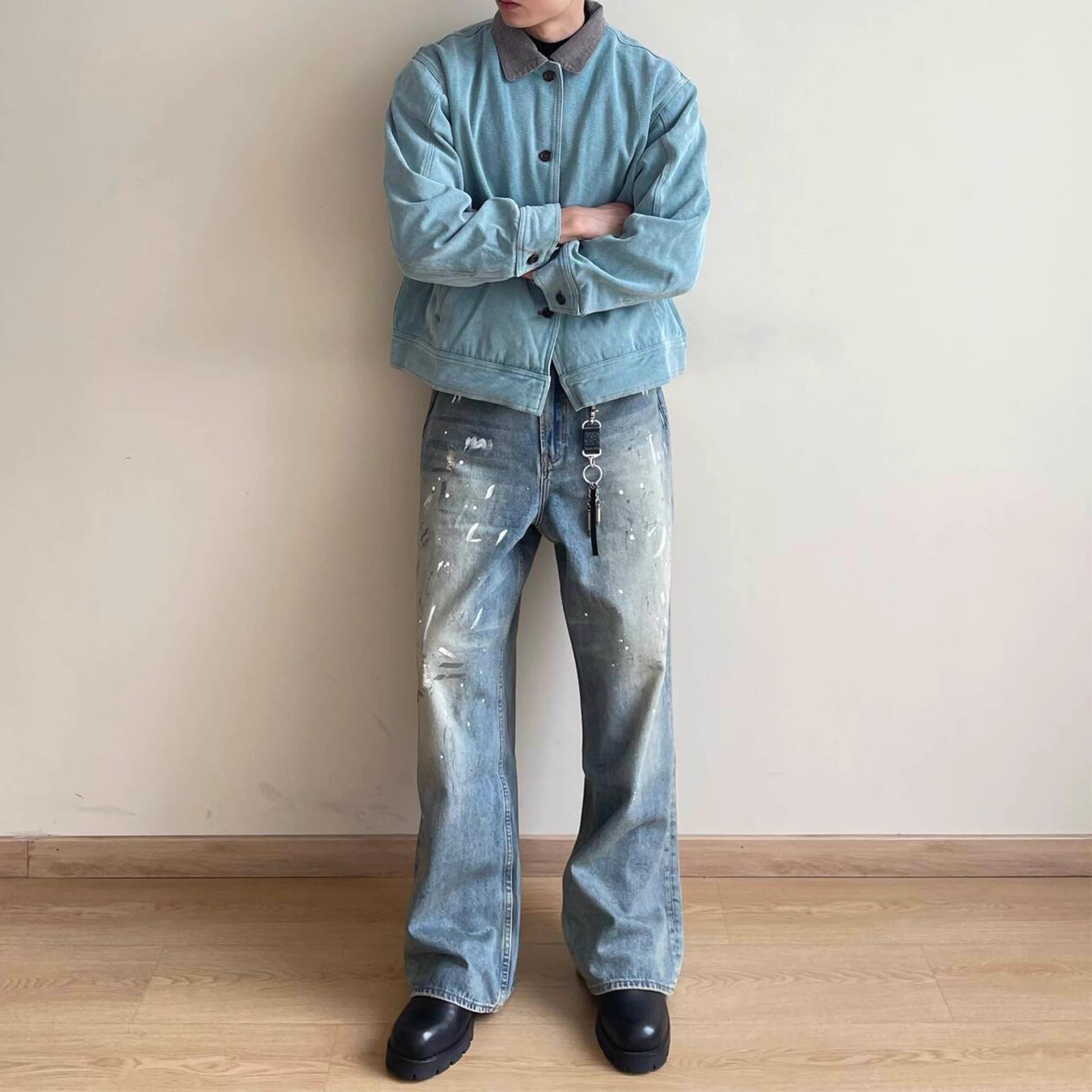 Neutral Wide Leg Mopping Dirty Splash-ink Distressed Design Jeans 1 Neutral Wide Leg Mopping Dirty Splash-ink Distressed Design Jeans