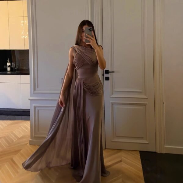 The Resort Edit — Pleated Dress Elegant Taupe One Shoulder Evening Gown