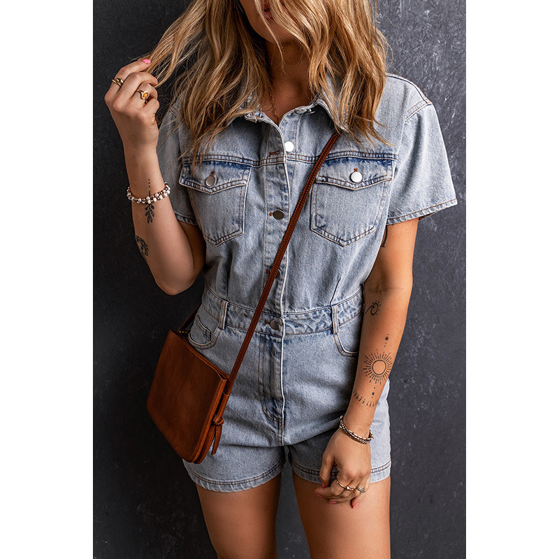 Denim Romper Vintage Blue Short Sleeve Button-Up Playsuit 2 Denim Romper Vintage Blue Short Sleeve Button-Up Playsuit - Image 2