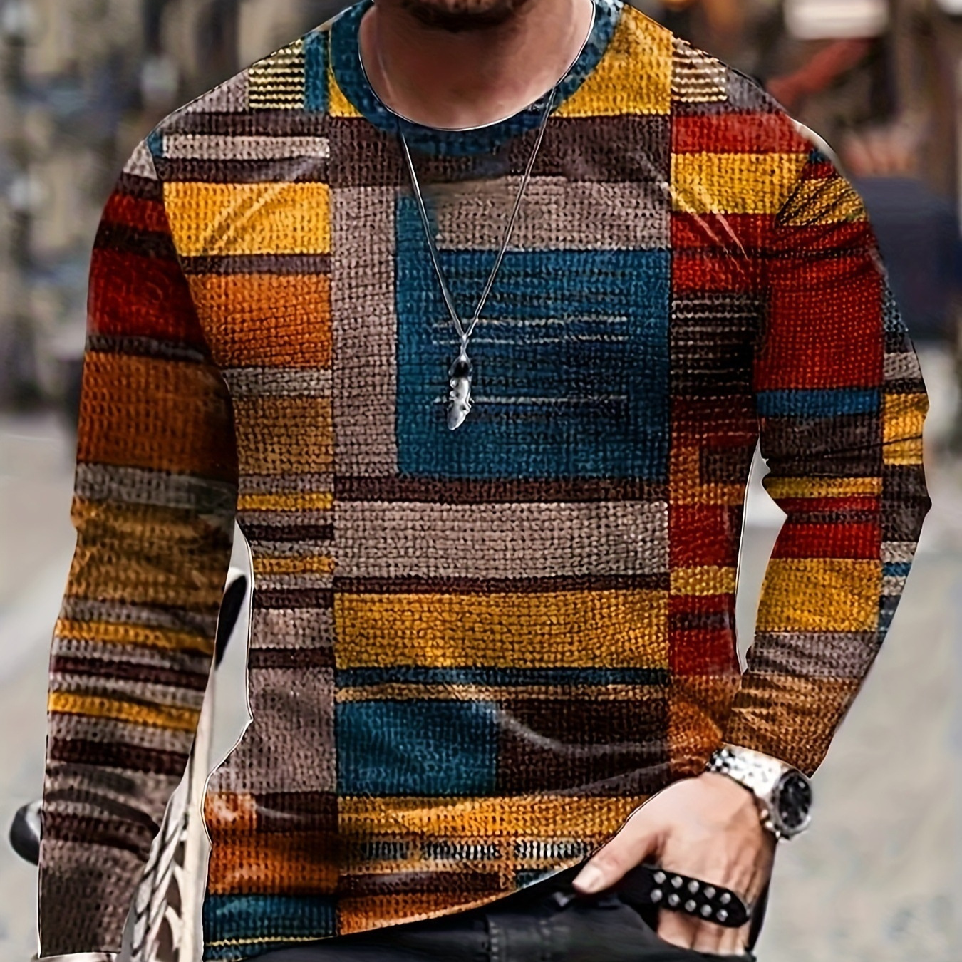 3D Textured Geometric Sweater Men's Abstract Patchwork Top 3 3D Textured Geometric Sweater Men's Abstract Patchwork Top - Image 3