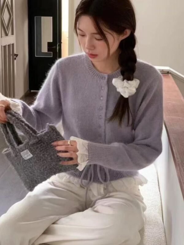 Summer Collection — Womens Solid-Color Defined-Waistline Lace-Patchwork Sweater