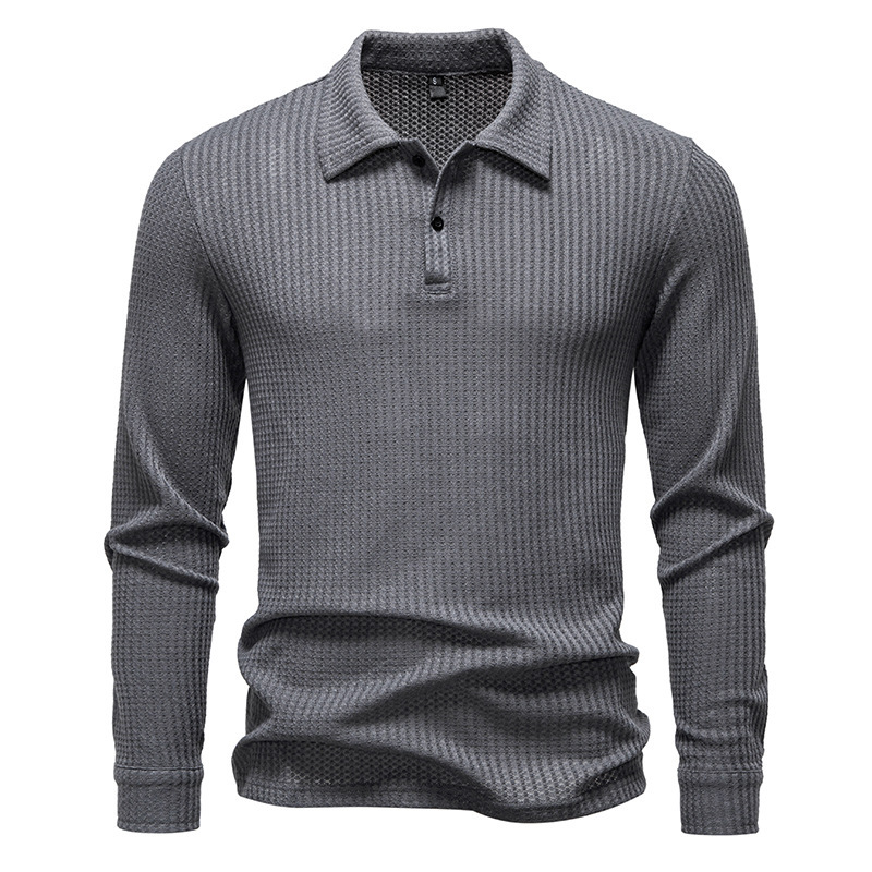 Polo Shirt Waffle-knit Long-sleeve Slim-fit Casual Top 4 Polo Shirt Waffle-knit Long-sleeve Slim-fit Casual Top - Image 4