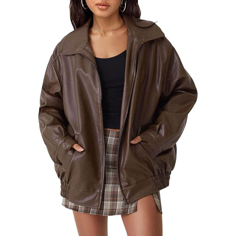 Glorious Oversized Leather Jacket Women Brown Fit Moto Coat 3 Glorious Oversized Leather Jacket Women Brown Fit Moto Coat - Image 3