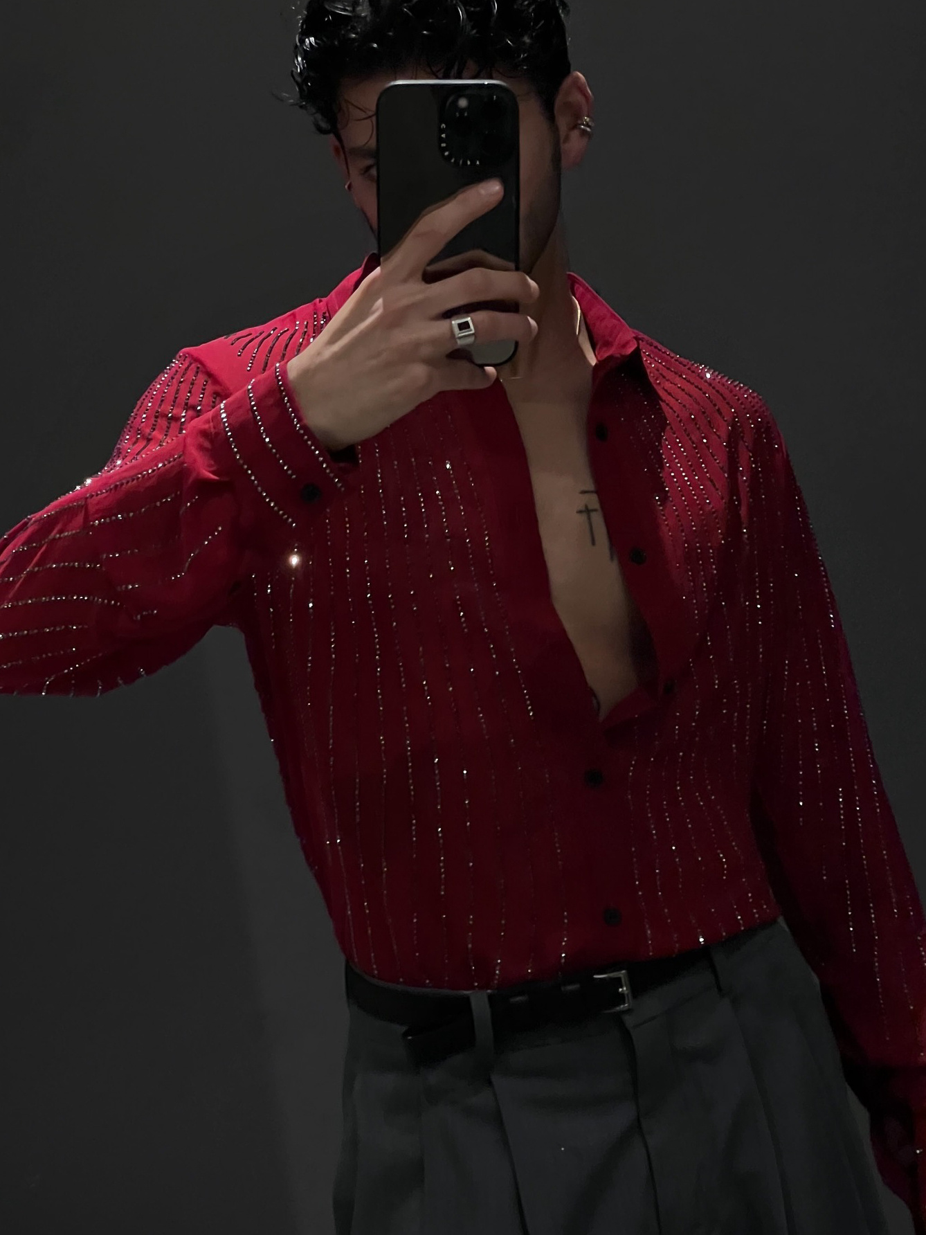 Sequin Shirt For Men Red Shiny Party Wear Long Sleeve 3 Sequin Shirt For Men Red Shiny Party Wear Long Sleeve - Image 3