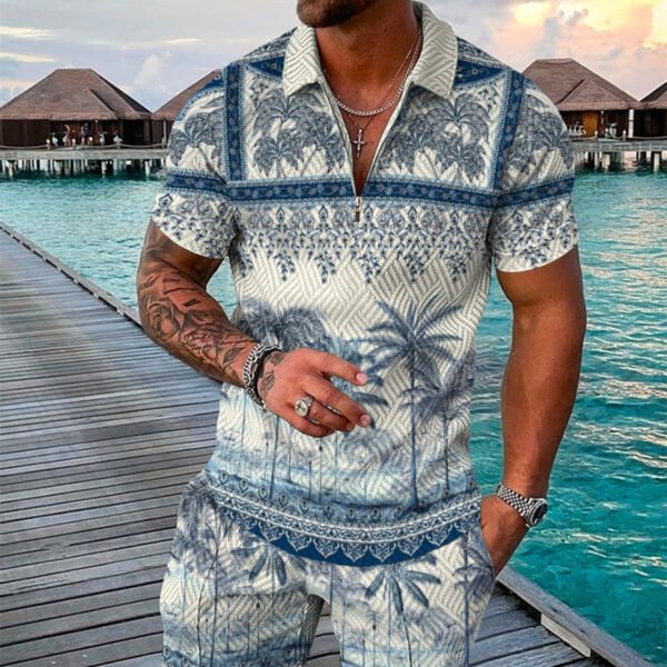 Men's Edit — Men's Geometric Zipper Polo Set 3D Blue Resort Wear Suit
