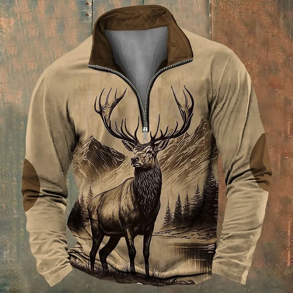 Men's Half Zip Hoodie Deer Print Outdoor Graphic Sweater 1 Men's Half Zip Hoodie