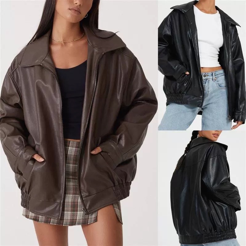 Glorious Oversized Leather Jacket Women Brown Fit Moto Coat 2 Glorious Oversized Leather Jacket Women Brown Fit Moto Coat - Image 2