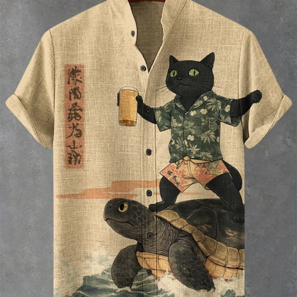 Linen Shirt Men's Japanese Cat Graphic Button Down 1 Linen Shirt
