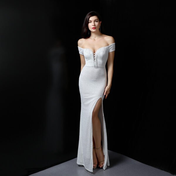 The Resort Edit — Off the Shoulder Evening Gown White Sequin High Slit Gown