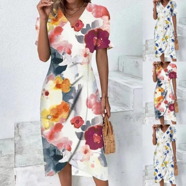 The Resort Edit — Floral V-Neck Dress Elegant Side Button Midi Wrap