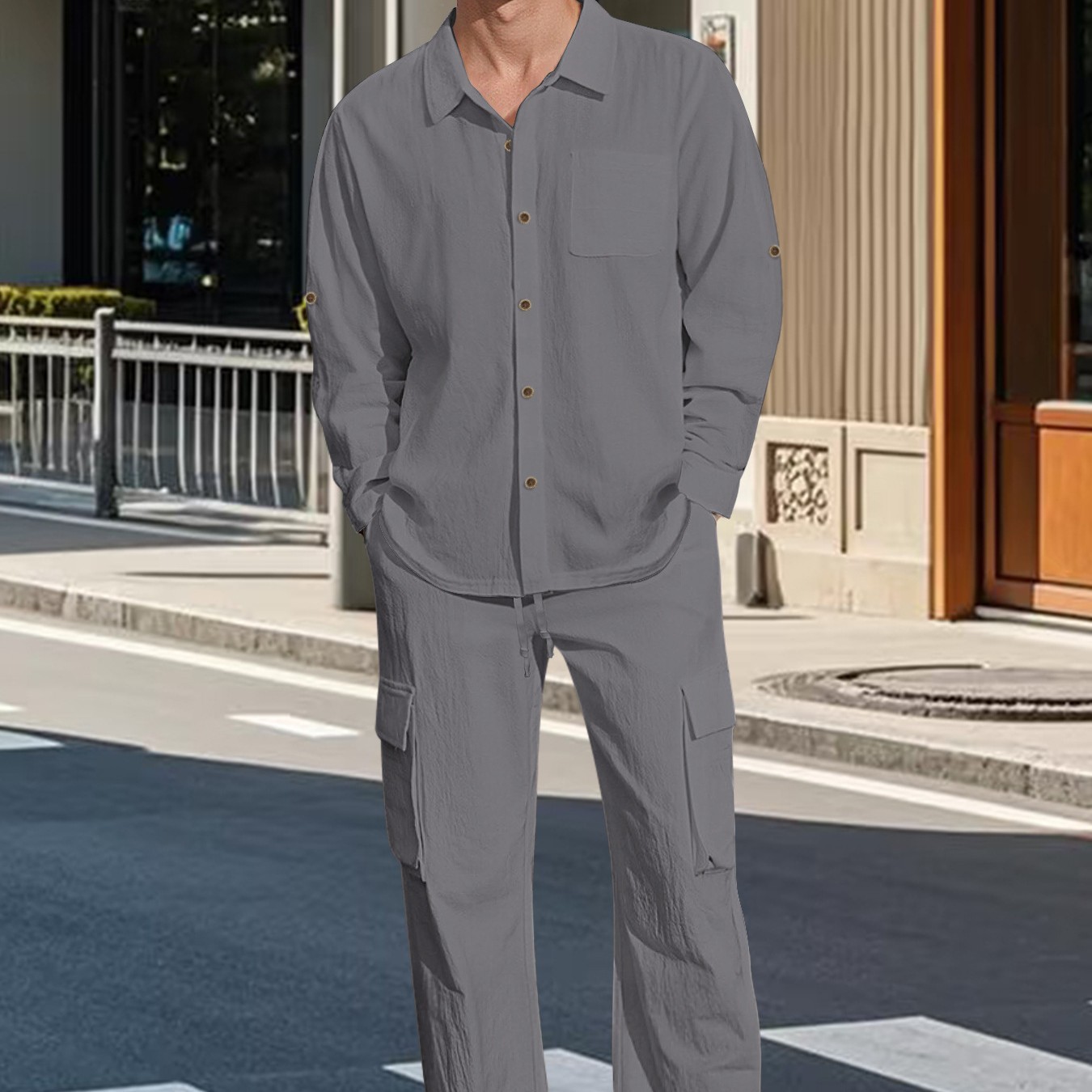 Men's Linen Shirt and Pants Set Casual Lapel Summer Suit 1 Men's Linen Shirt and Pants Set