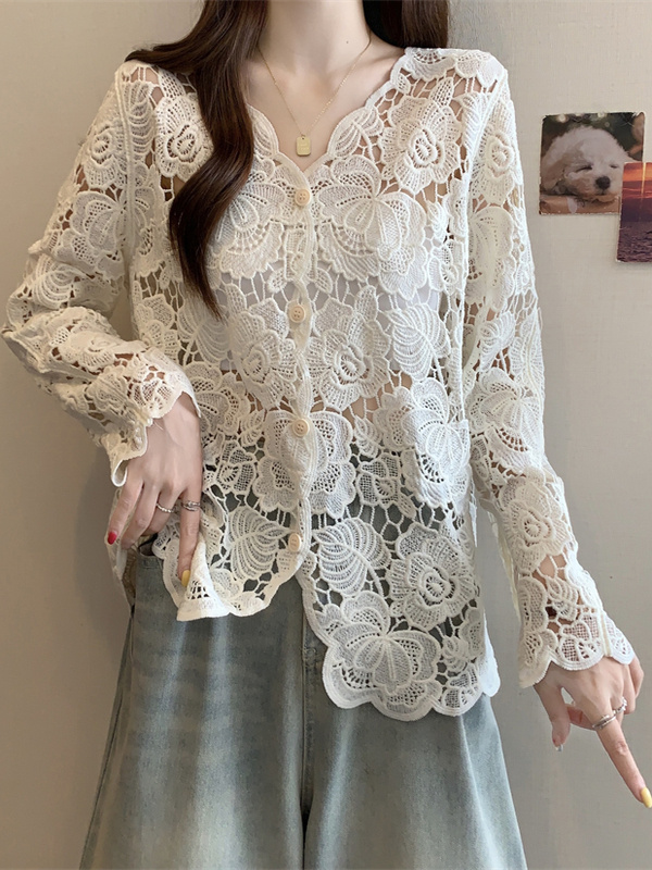 Lace Long Sleeve Top Women Elegant Embroidered Hollow Top 2 Lace Long Sleeve Top Women Elegant Embroidered Hollow Top - Image 2