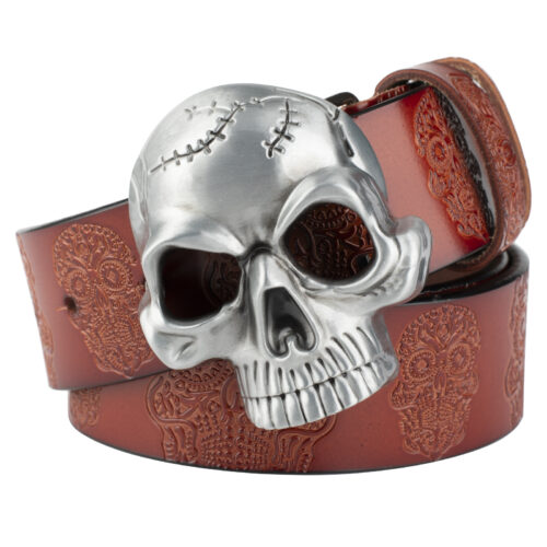 Leather Belt With Embossed Ghost Head Design And Smooth Skull Buckle