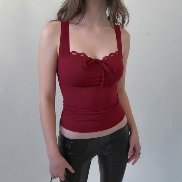 Summer Collection — Lace Trim Camisole Bow Knot Slimming Sweetheart Red Top