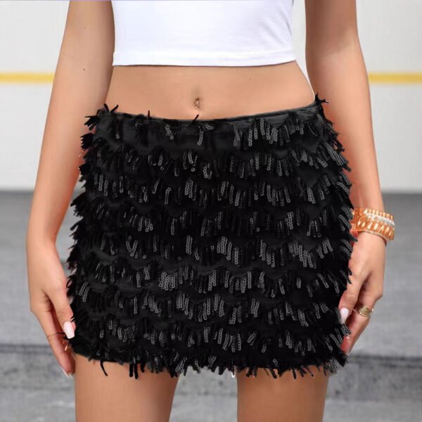 Summer Collection — Sequined Mini Skirt Black Fringe Tassel Party Style