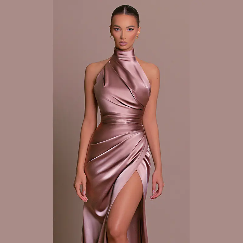satin halter gown women — Halter Neck Satin Gown - Elegant Sleeveless Slit Slim Dress | Regal Wear
