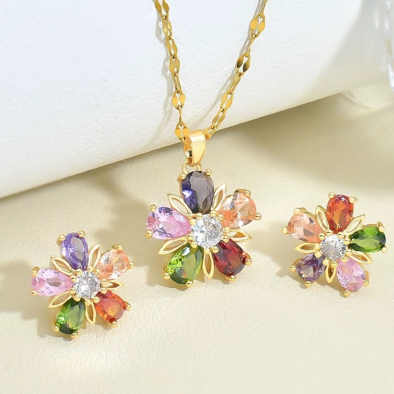 Gold Colorful Crystals Five-petal Flower Ear Stud Necklace Women 1 Gold Colorful Crystals Five-petal Flower Ear Stud Necklace Women