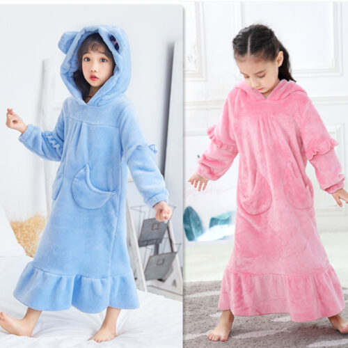 Warm Coral Fleece Double Sided Girls Long Moon Pocket Hooded Nightdress