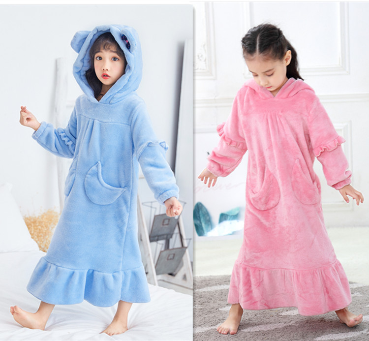 Warm Coral Fleece Double Sided Girls Long Moon Pocket Hooded Nightdress 1 Warm Coral Fleece Double Sided Girls Long Moon Pocket Hooded Nightdress