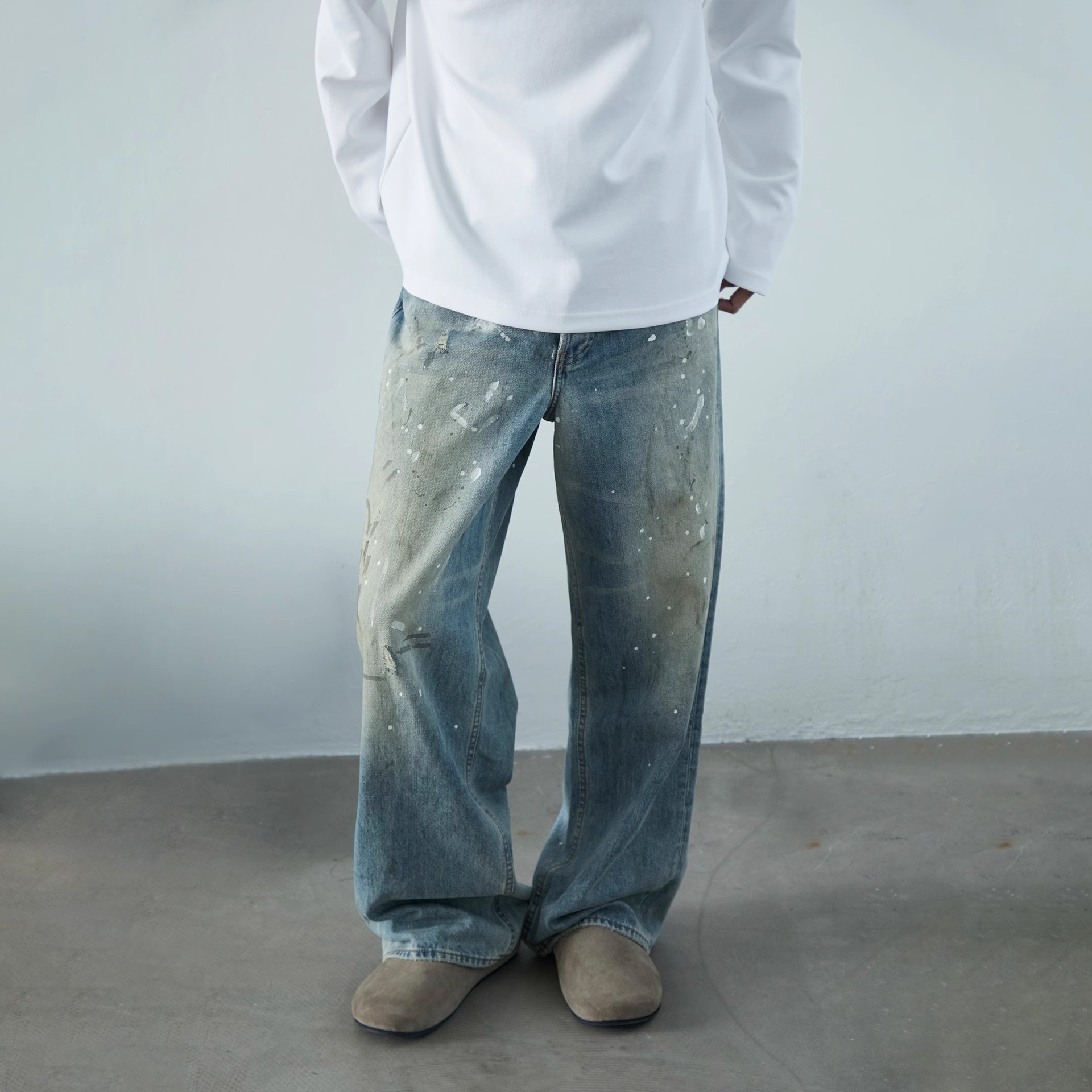 Neutral Wide Leg Mopping Dirty Splash-ink Distressed Design Jeans 5 Neutral Wide Leg Mopping Dirty Splash-ink Distressed Design Jeans - Image 5