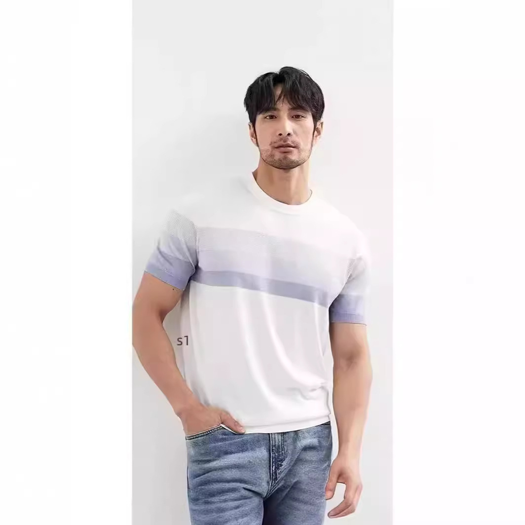 Summer New Light Mature Short Sleeve Knitted Sweater Men Gradient Color Block Stripe 2 Summer New Light Mature Short Sleeve Knitted Sweater Men Gradient Color Block Stripe - Image 2