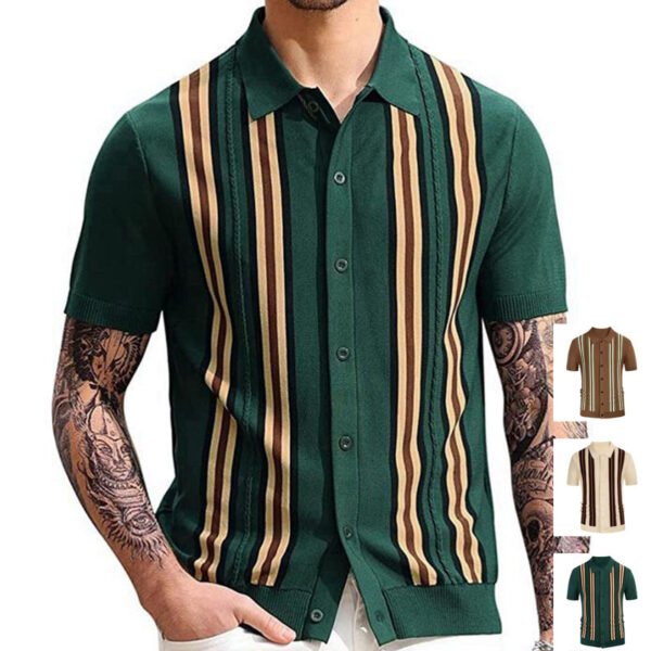 Men's Edit — Men's Knit Polo Slim Fit Green Striped Business Sweater