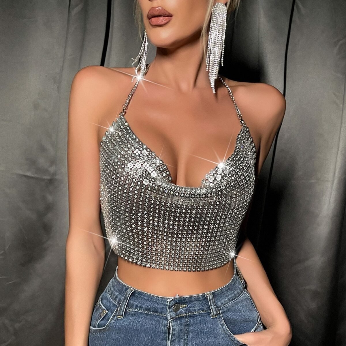 Summer Collection — Rhinestone Halter Sparkly Party Crop Top
