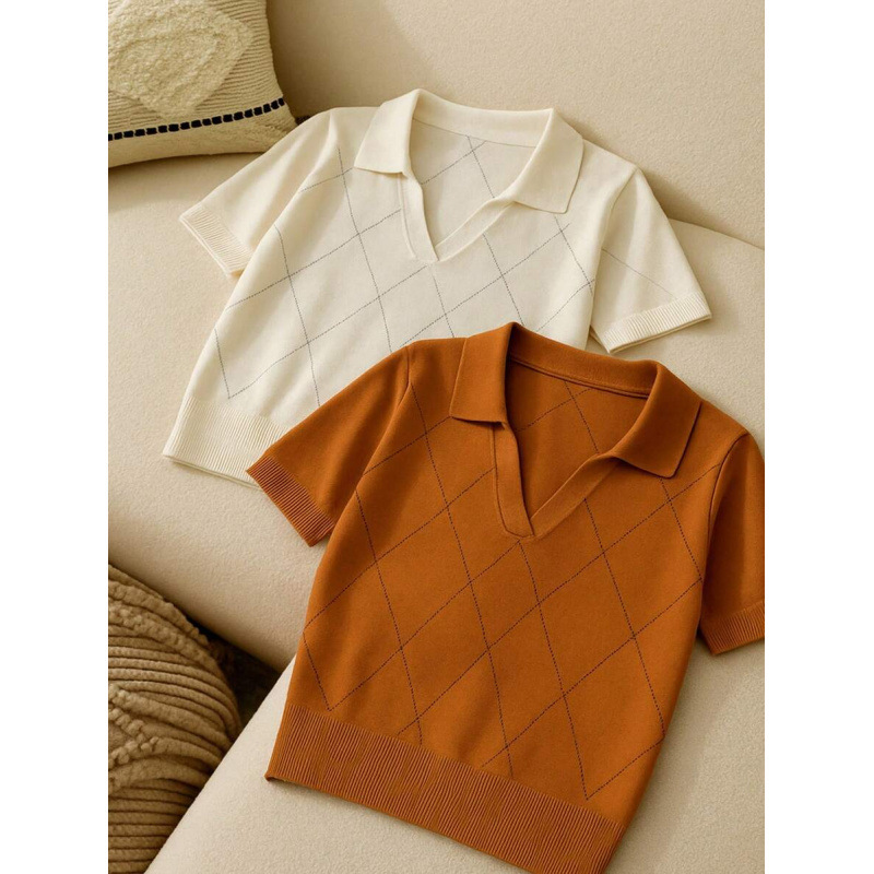 Women's Polo Shirt Diamond Knit Short Sleeve Pullover Top 8 Women's Polo Shirt Diamond Knit Short Sleeve Pullover Top - Image 8